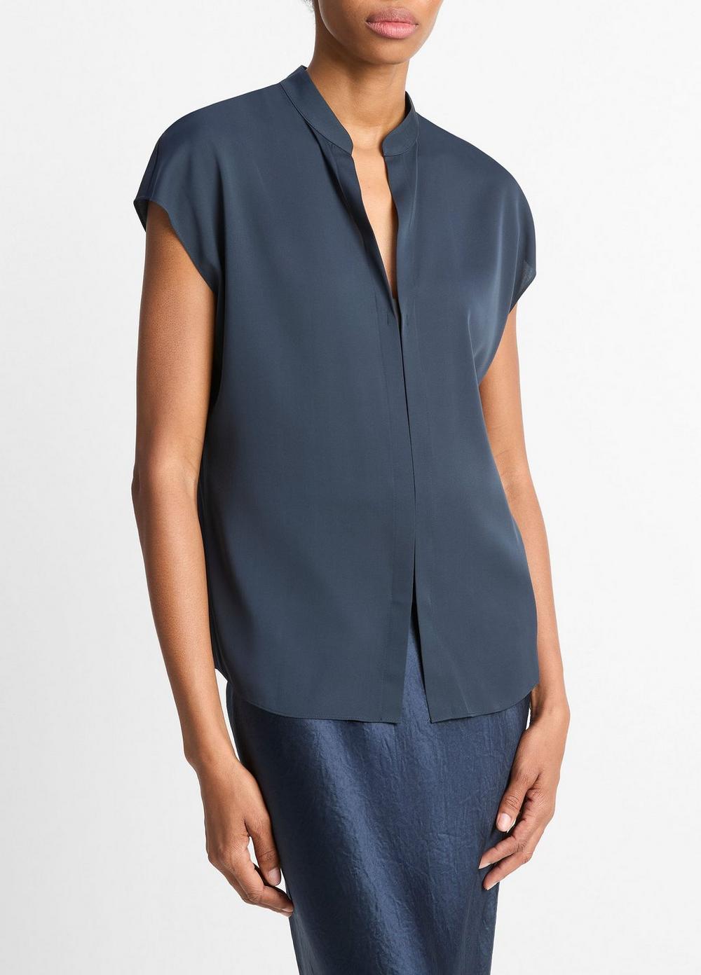 Contrast-Placket Stretch-Silk Cap-Sleeve Blouse