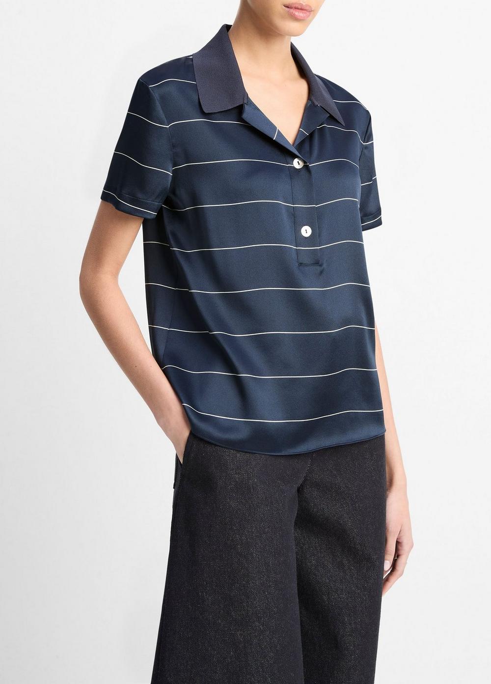 Knit-Collar Striped Silk Polo Shirt