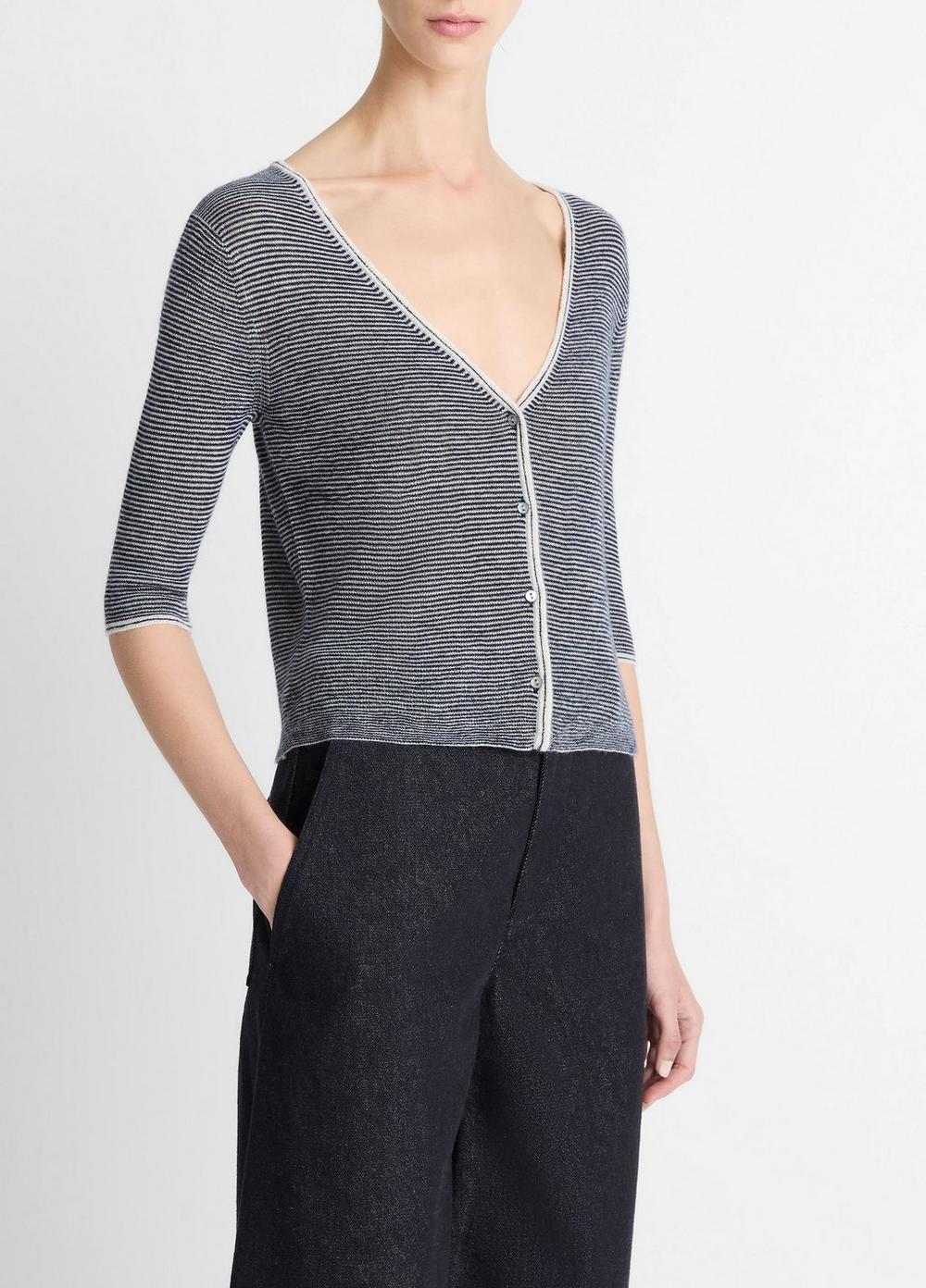 Micro-Stripe Cashmere-Silk Cardigan