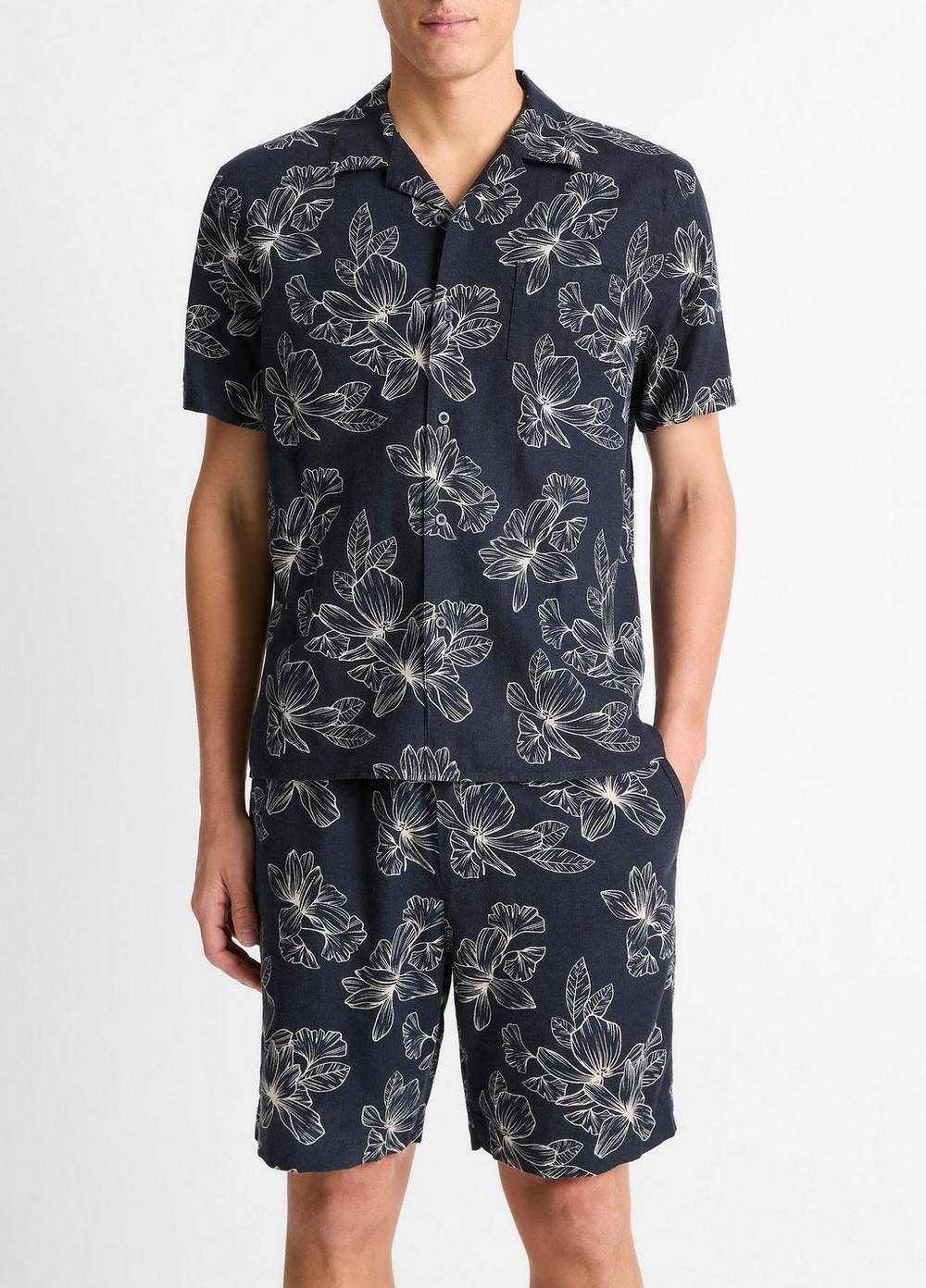 Line Floral Linen-Blend Cabana Shirt
