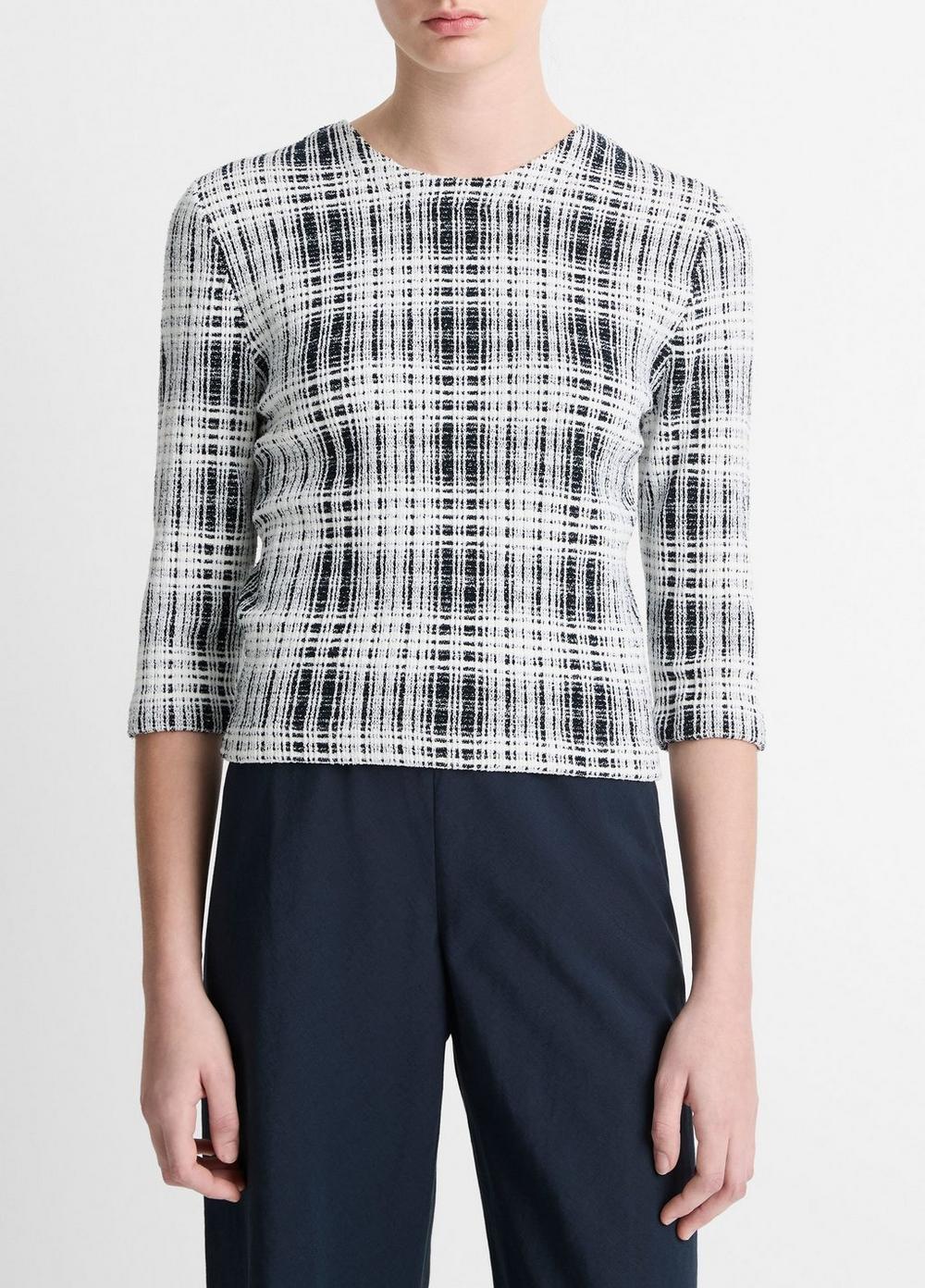 BouclÃ© Plaid Cotton-Blend Elbow-Sleeve Sweater