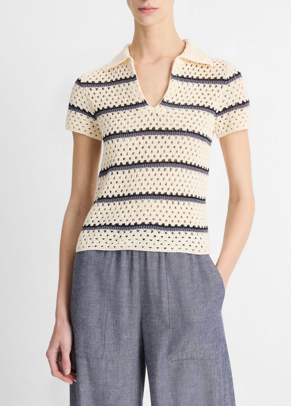 Striped MacramÃ© Cotton Polo Sweater