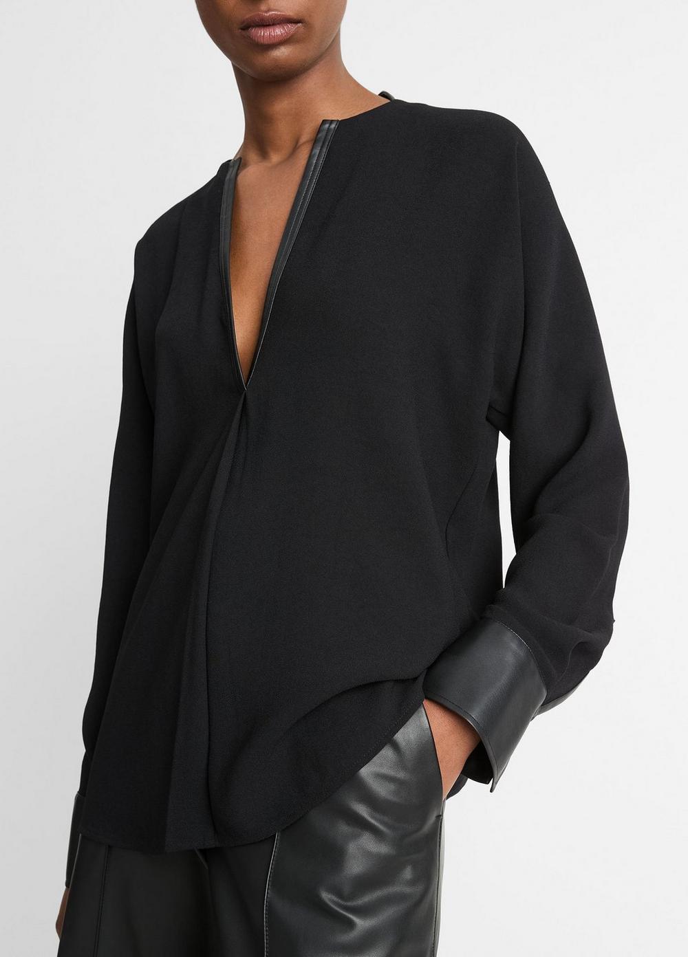 Faux Leather-Trim Dolman-Sleeve Blouse