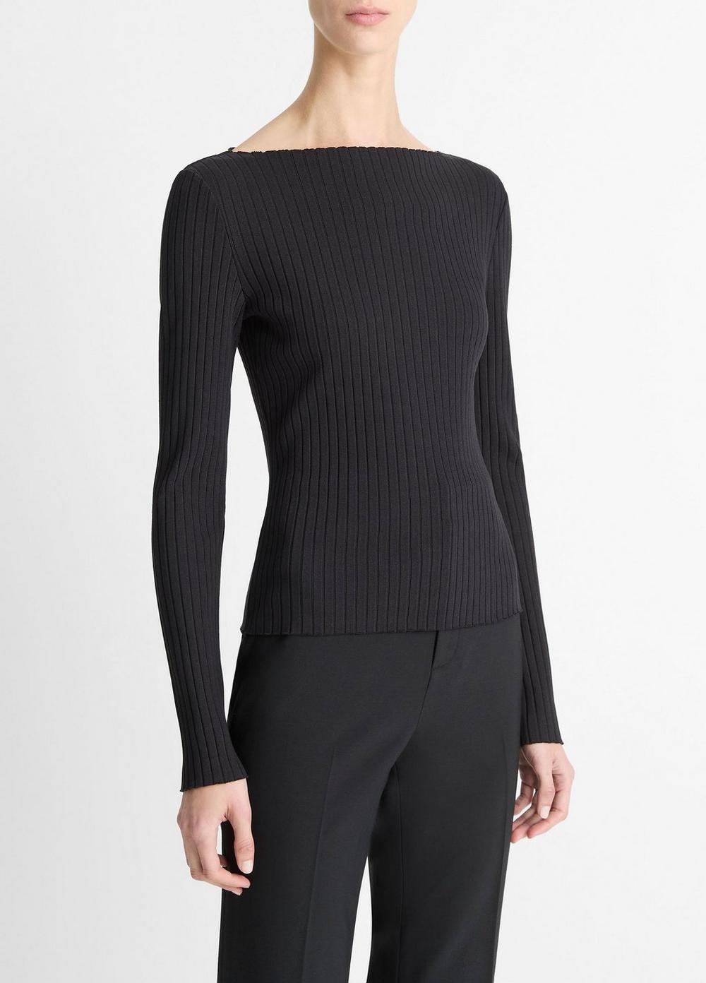 Ribbed Cotton-Blend Slash-Neck Long-Sleeve Top