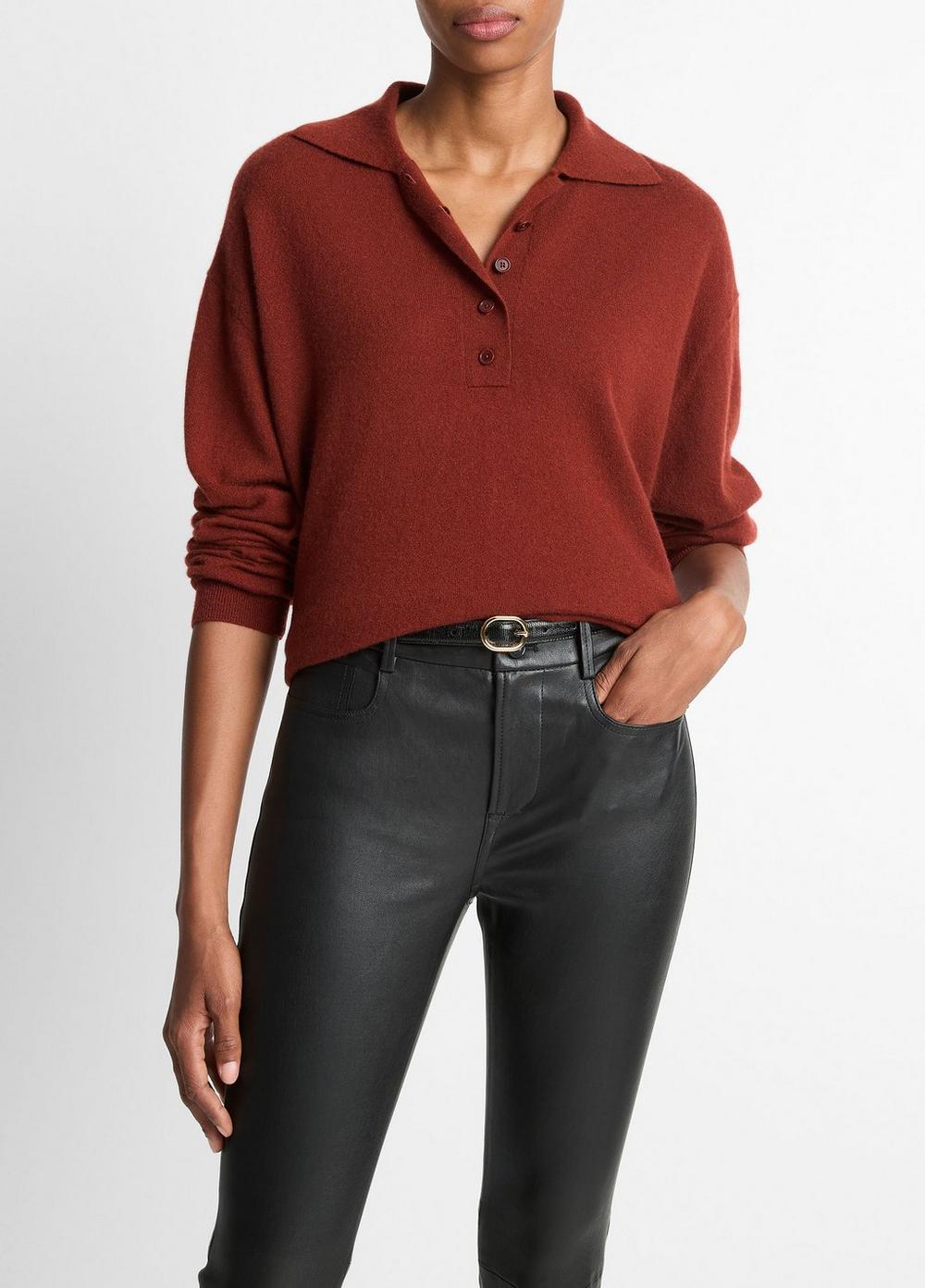Cashmere-Silk Wide-Placket Polo Sweater