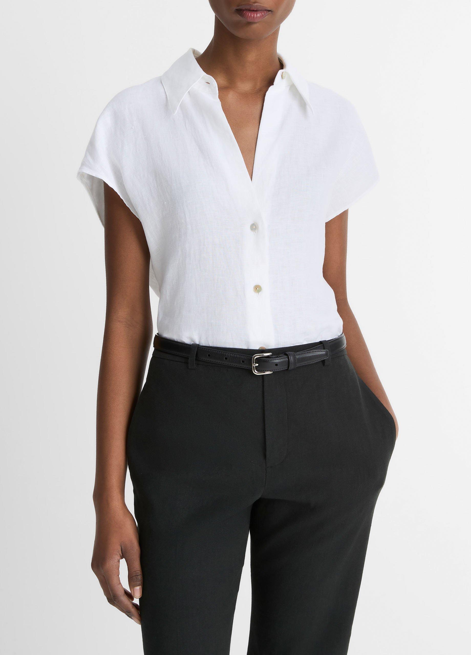 Linen Cap-Sleeve Button-Front Blouse