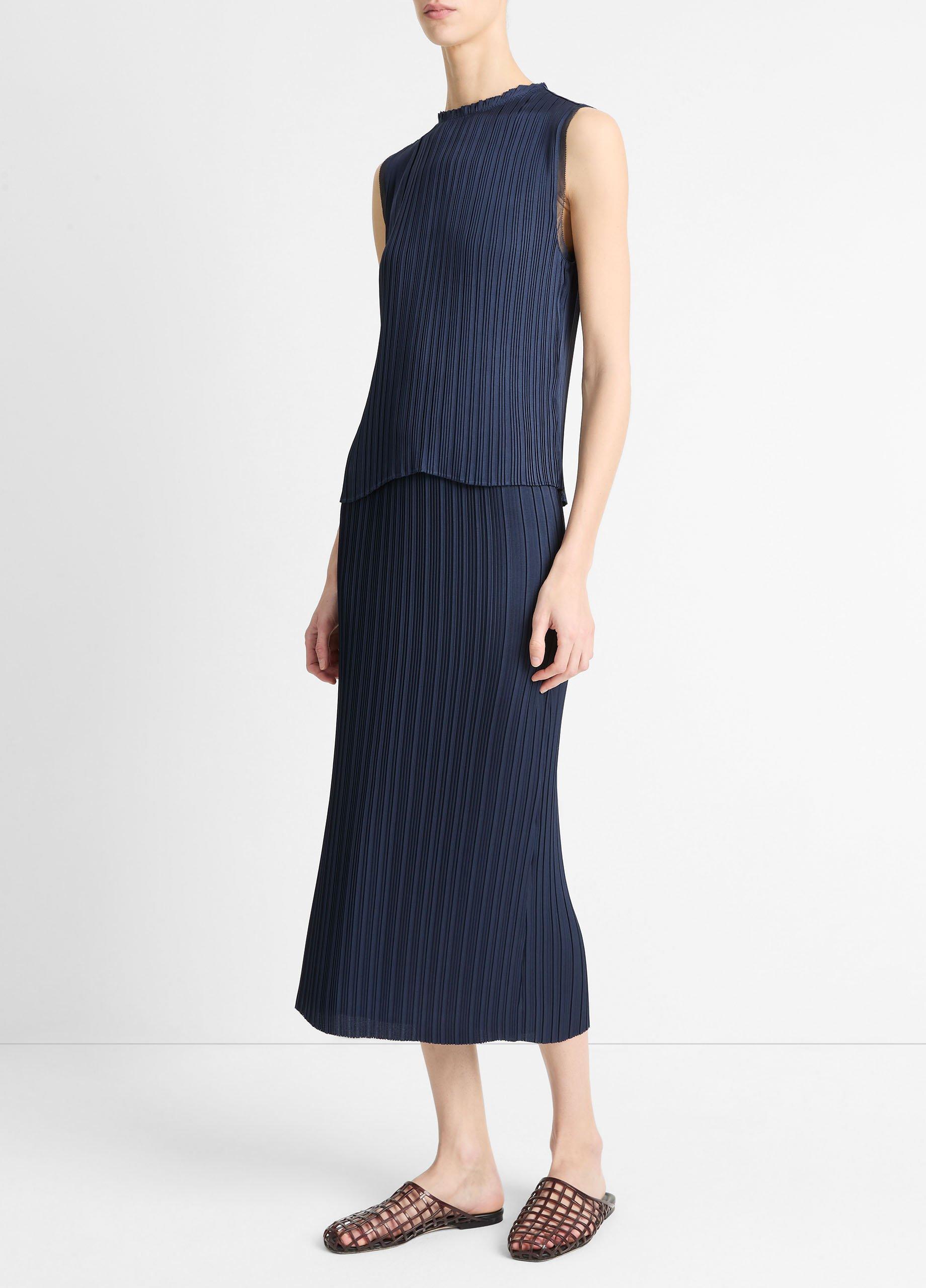 Pleated Satin Straight Pull-On Skirt