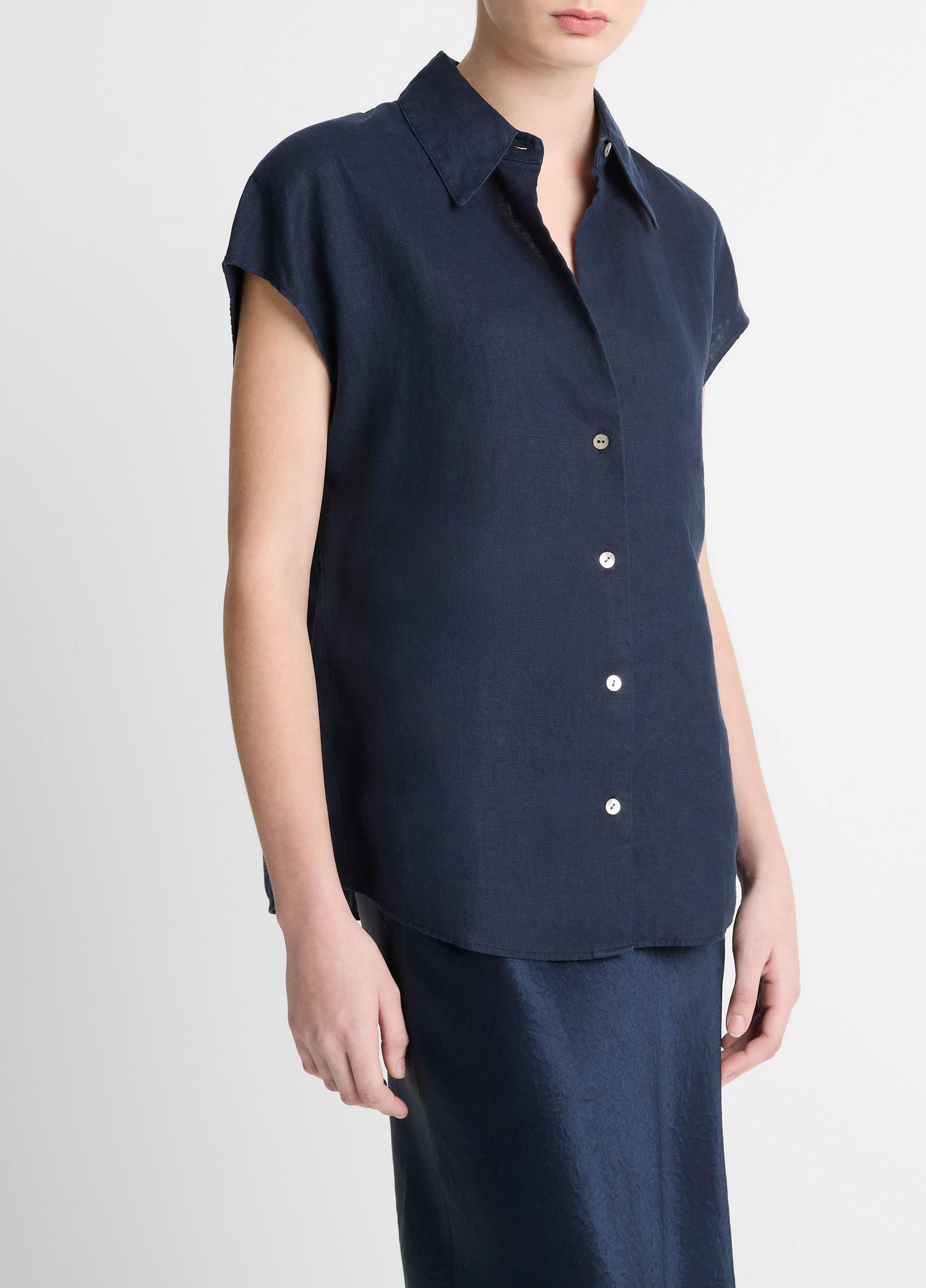 Linen Cap-Sleeve Button-Front Blouse
