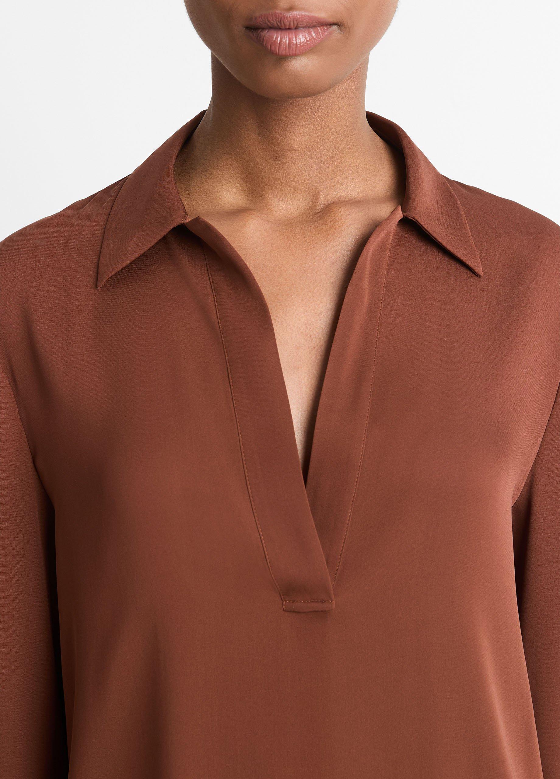 Stretch-Silk Long-Sleeve Polo Blouse